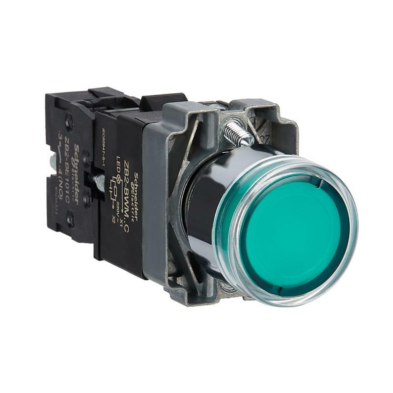 Кнопка з підсвічуванням, Easy Harmony XB2, металева, прихована, зелена, 22 мм, пружинне повернення, 220В АС, 1NO