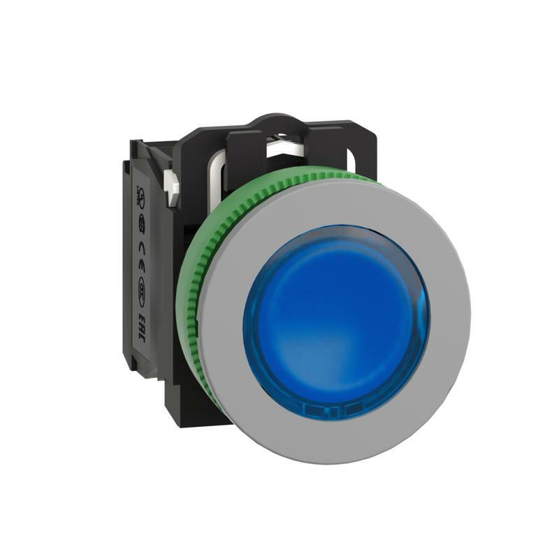 Illuminated push button, Harmony XB5, antimicrobial, grey bezel, blue flush, 30mm, universal LED, 230…240V AC, 1NO + 1NC