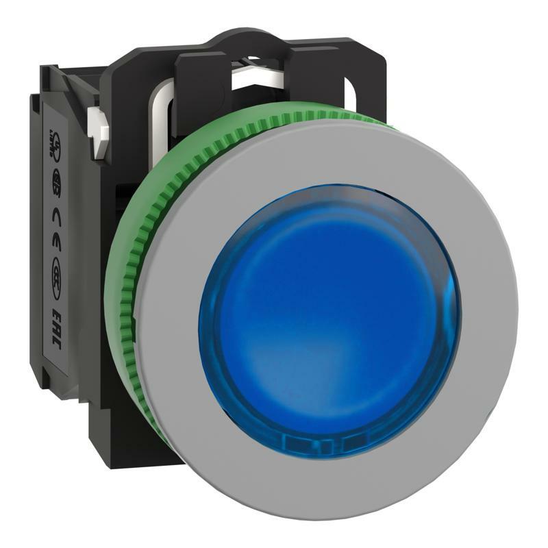 Illuminated push button, Harmony XB5, antimicrobial, grey bezel, blue flush, 30mm, universal LED, 24V AC DC, 1NO + 1NC