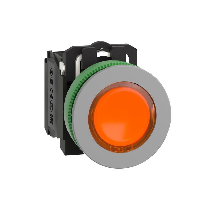 Illuminated push button, Harmony XB5, antimicrobial, grey bezel, orange flush, universal LED, 230V AC, 1NO + 1NC