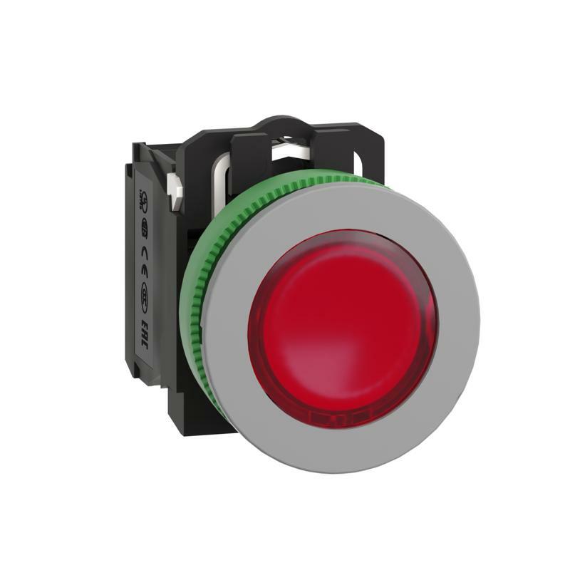 Illuminated push button, Harmony XB5, antimicrobial, grey bezel, red flush, 30mm, universal LED, 24V AC DC, 1NO + 1NC