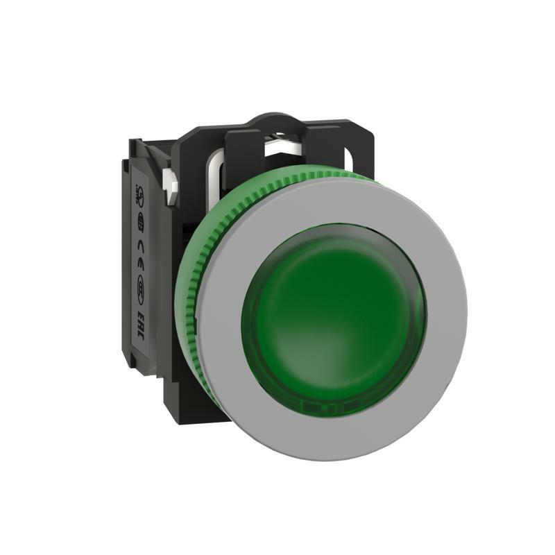 Illuminated push button, Harmony XB5, antimicrobial, grey bezel, green flush, 30mm, universal LED, 230…240V AC, 1NO + 1NC
