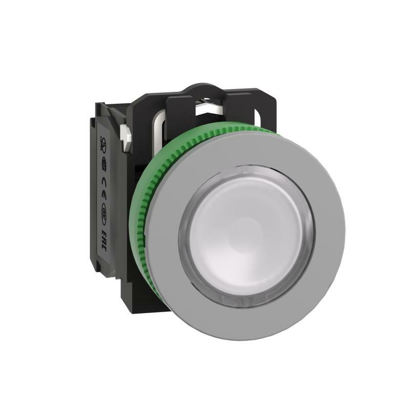 Illuminated push button, Harmony XB5, grey bezel, white flush mounted, 30mm, universal LED, 1NO + 1NC, 230V AC