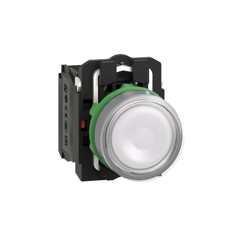 Illuminated push button, Harmony XB5, grey bezel, white flush, 22mm, universal LED, plain lens, 1NO + 1NC, 120V